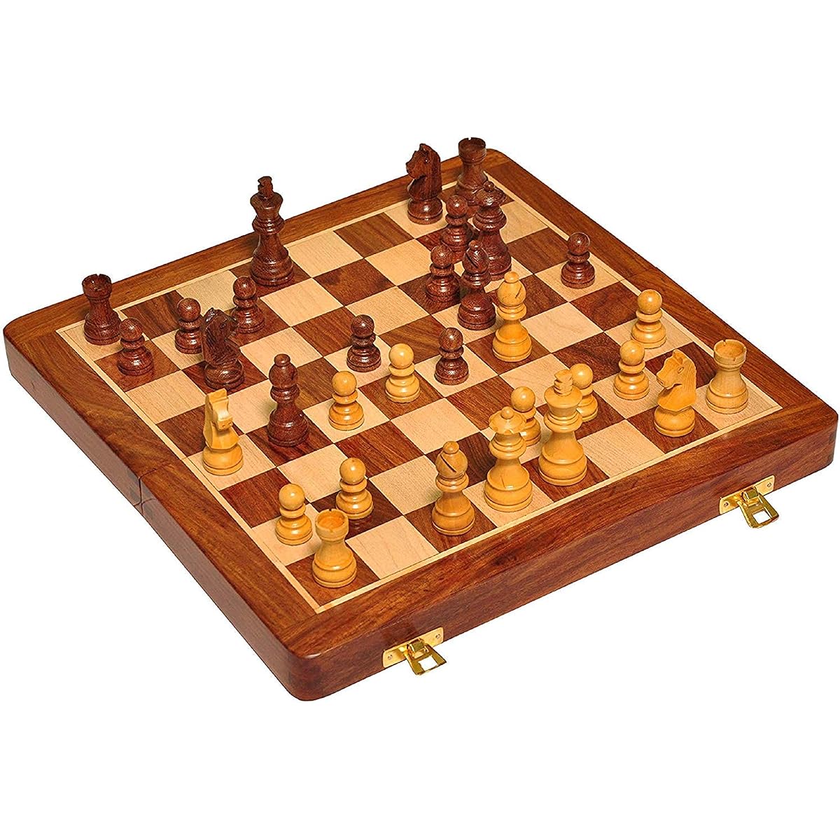 Handmade Wooden Box Folding Chess Board Game with Hand Carved Magnetic Chess Pieces Set (Folding-12x12)