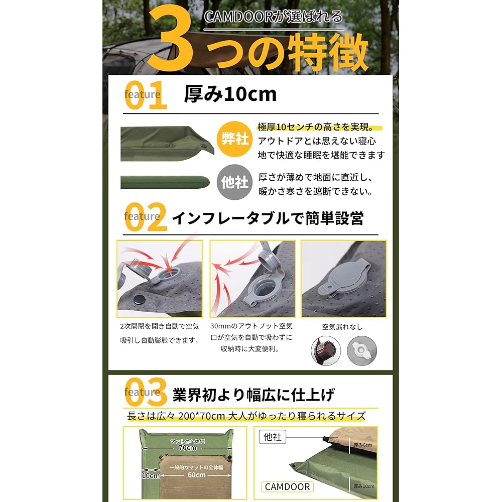 Camping Mat Air Mat Thick 10cm [Automatically inflates in 30 seconds / Wider] Inflator Mat Car Sleeping Mat Automatically Inflates Camper Inflator Mat Can Be Connected Infinitely Camping Equipment Bedding Air Bed Waterproof Tideproof Safe and Odorless Co