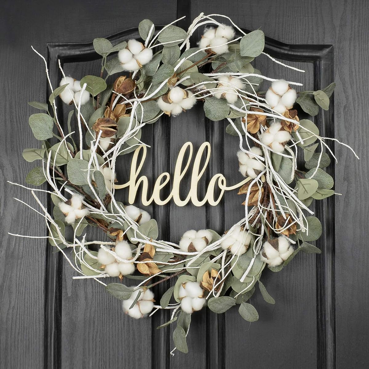 QUNWREATH Cotton Wreath for Front Door Winter Wreath 20 Inch Eucalyptus Wreath Farmhouse Wreath Grape Vine Wreath