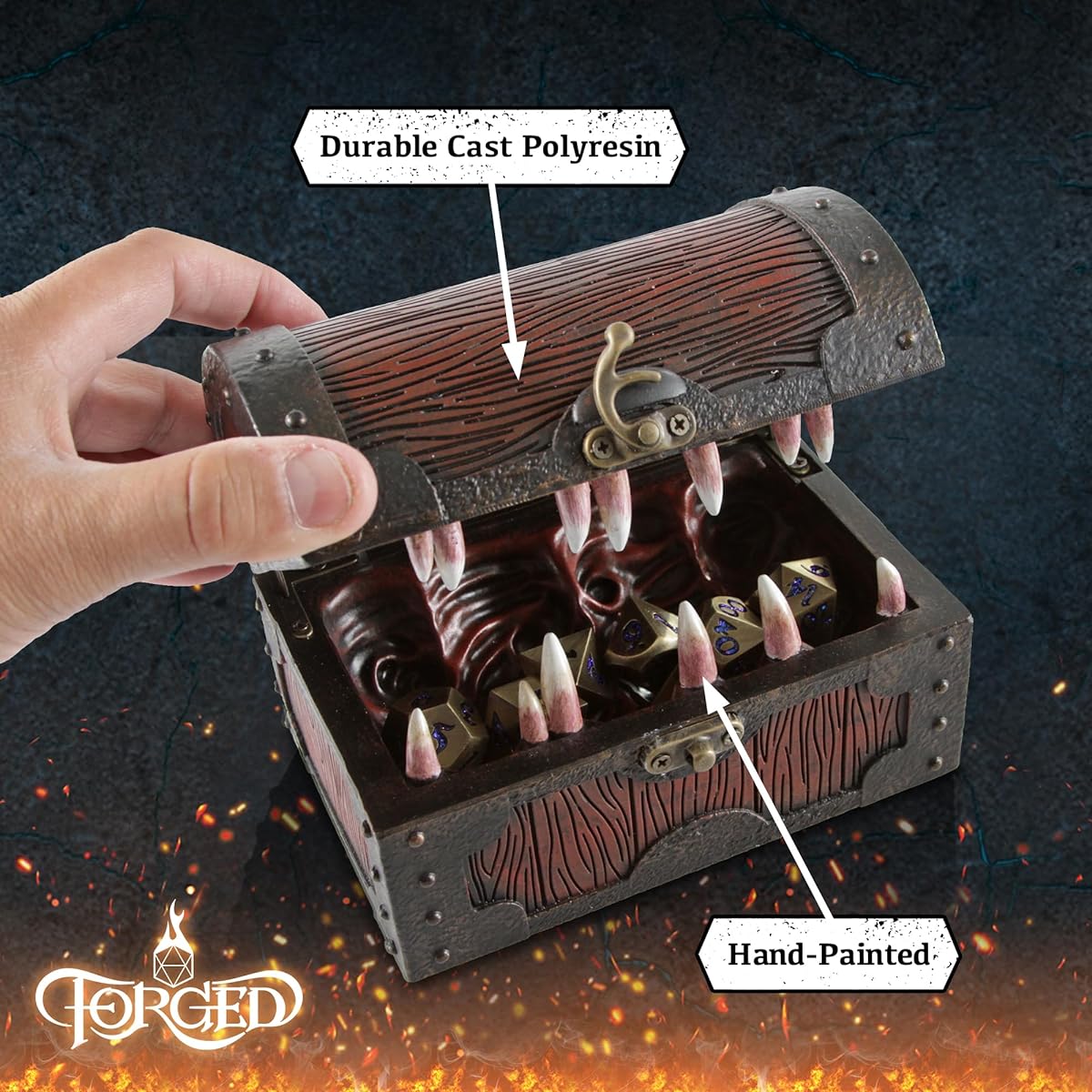 Forged Dice Co. Mimic Chest Dice Storage Box - Holds 5 Sets of Polyhedral Dice or 35 Dice - Compatible with Dungeons & Dragons