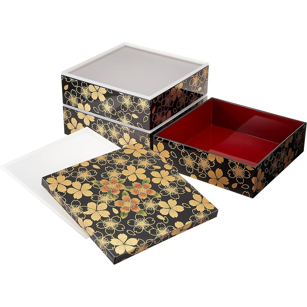 Maeju lacquerware, multi-layered box, three tiers, flower dance, black, with stickers, traditional craft, Yamanaka lacquerware, 21.5cm, square, for 4 to 5 people, made in Japan, 7R-773