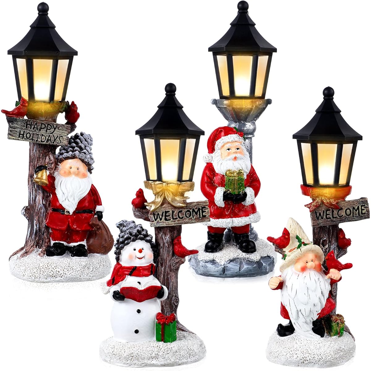 Christmas Table Centerpieces 4 Pieces 10 Inch Santa Snowman Centerpiece with Light Up Street Light Santa Glowing Lamp Post LED Battery Powered with Lights for Christmas Village Display Home Table Ornaments