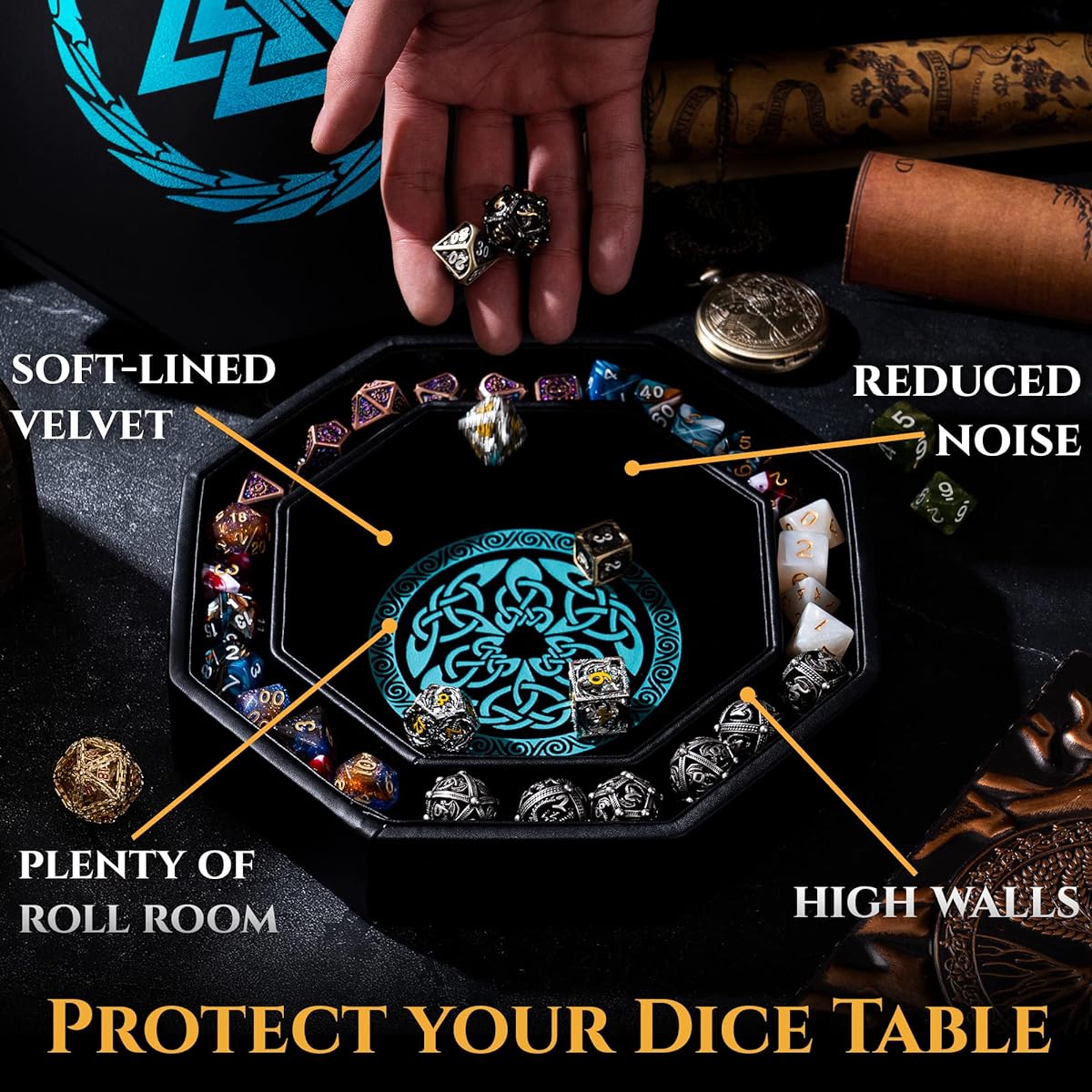 DND Dice Tray - Premium 8" Dice Tray Dungeons & Dragons - Beautiful Cerulean Blue Valk Nut and Dragon Design - Perfect RPG Dice Rolling Tray with D&D Dice Box Storage to Protect Your Dice