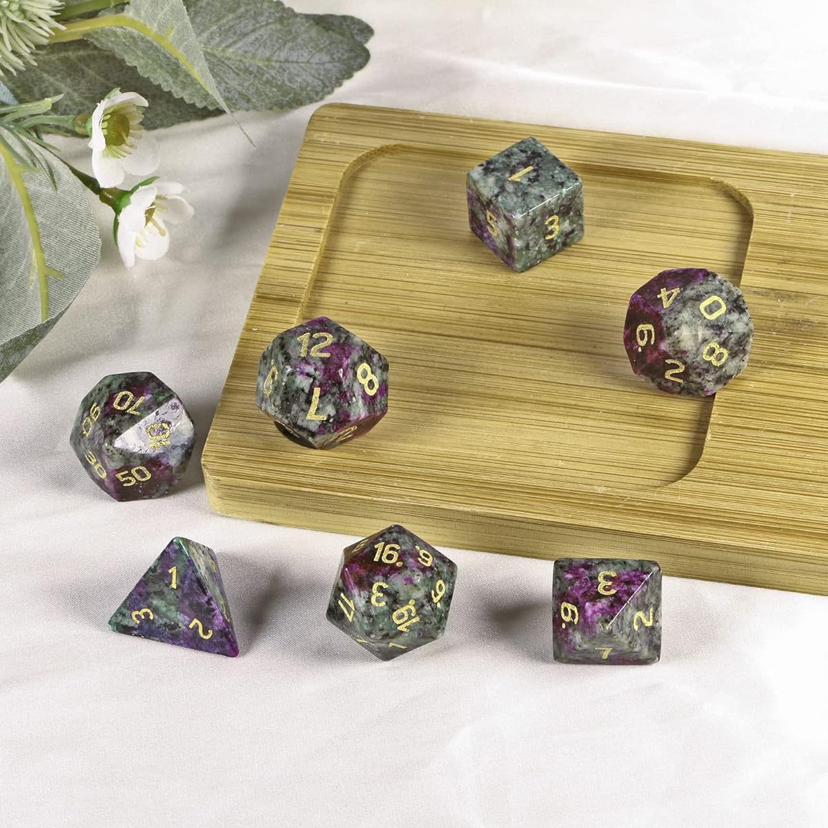 Cheungshing Handmade DND Polyhedral Dcie Set for Role Playing Games MTG Table Games Polished Tumbled Stone Dice 7 Pieces Ruby of Fuchsite Stone
