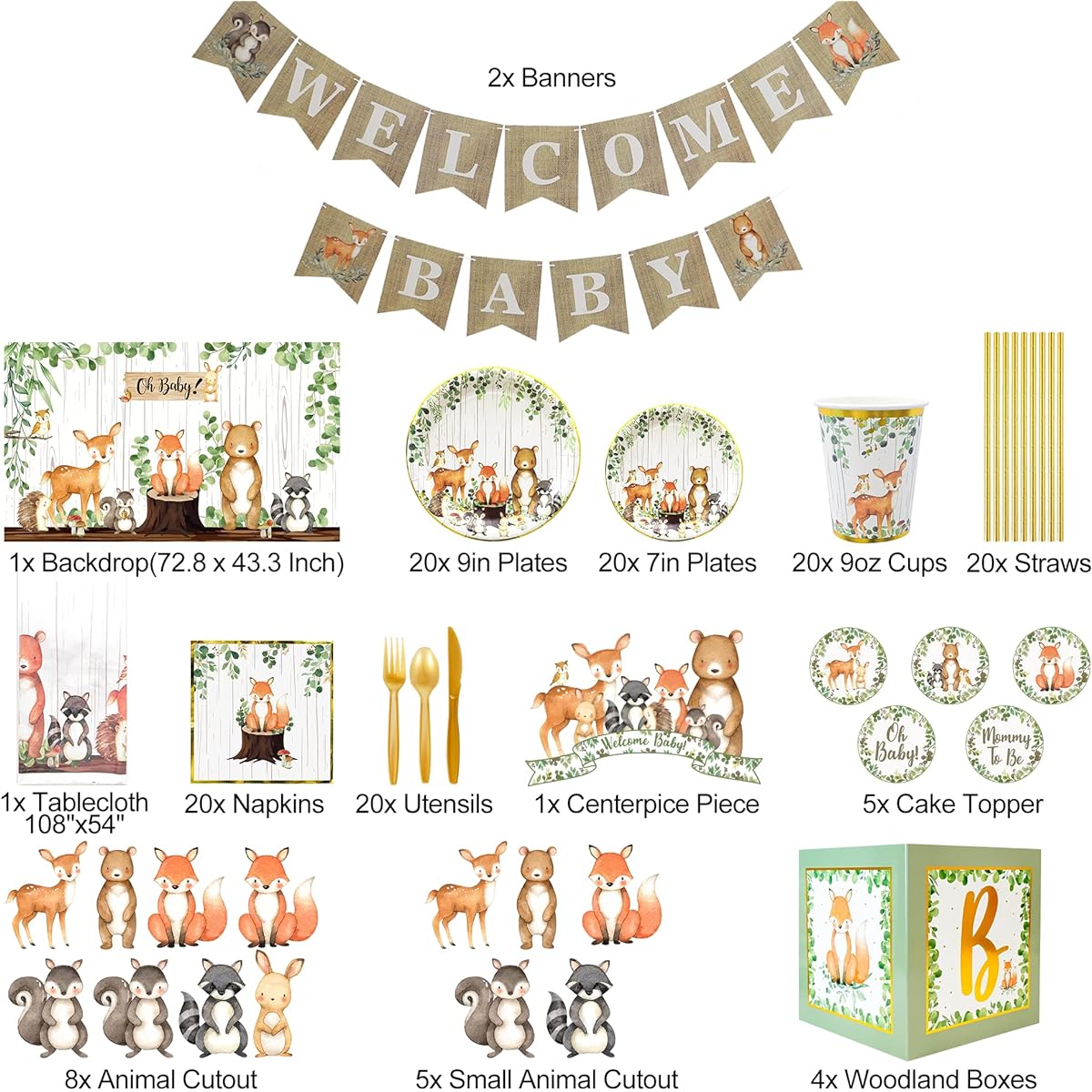 MEGA 257 Pc Woodland Baby Shower Decorations for Boy Or Girl Kit | Gender Neutral Forest Animal Decor | BABY boxes | Banners Garland Balloons Cake Topper Tablecloth, Creature Plates Napkins Straws & Cups Ivy