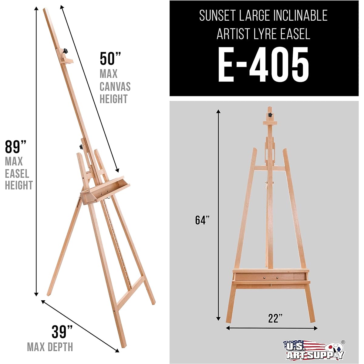 US Art Supply SUNSET 64 to 89 High LARGE Refined Sturdy Inclinable Wood Artist Lyre Easel by US Art Supply