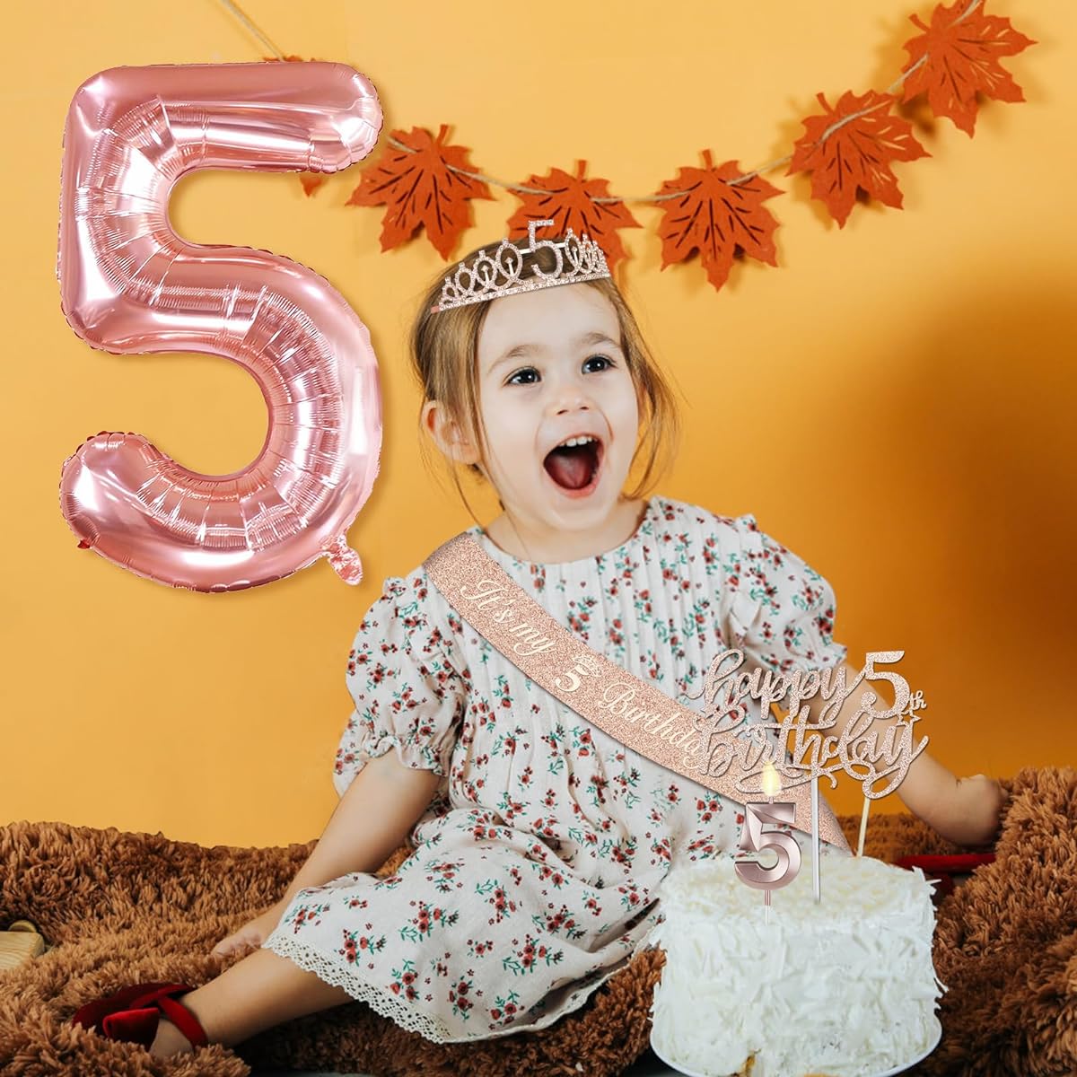5th Birthday Decorations for Girls 5th Birthday Sash and Tiara 5 Candles and Cake Topper Rose Gold Balloons 3D Birthday Card and Poster Barbie Girl Gifts for 5th Birthday