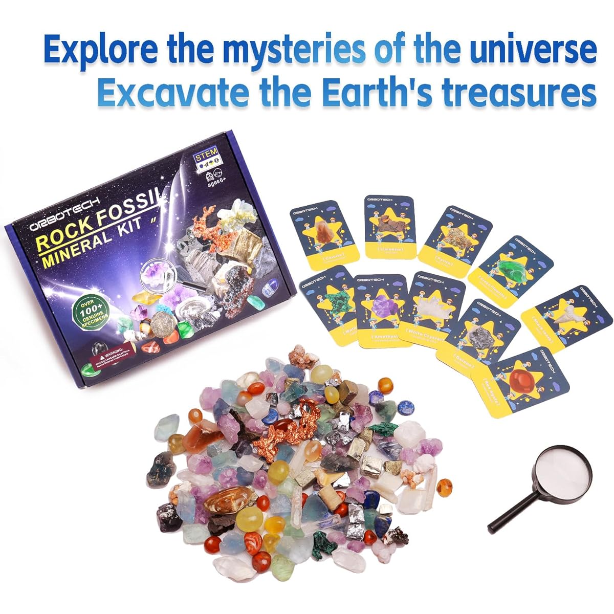 ORBOTECH Rocks and Fossils Kit - Natural Stones, Gems, Crystals, Real Fossils, Minerals, Geology, STEM Toys, Gifts for Boys and Girls, Ages 6+, Learning Earth Science