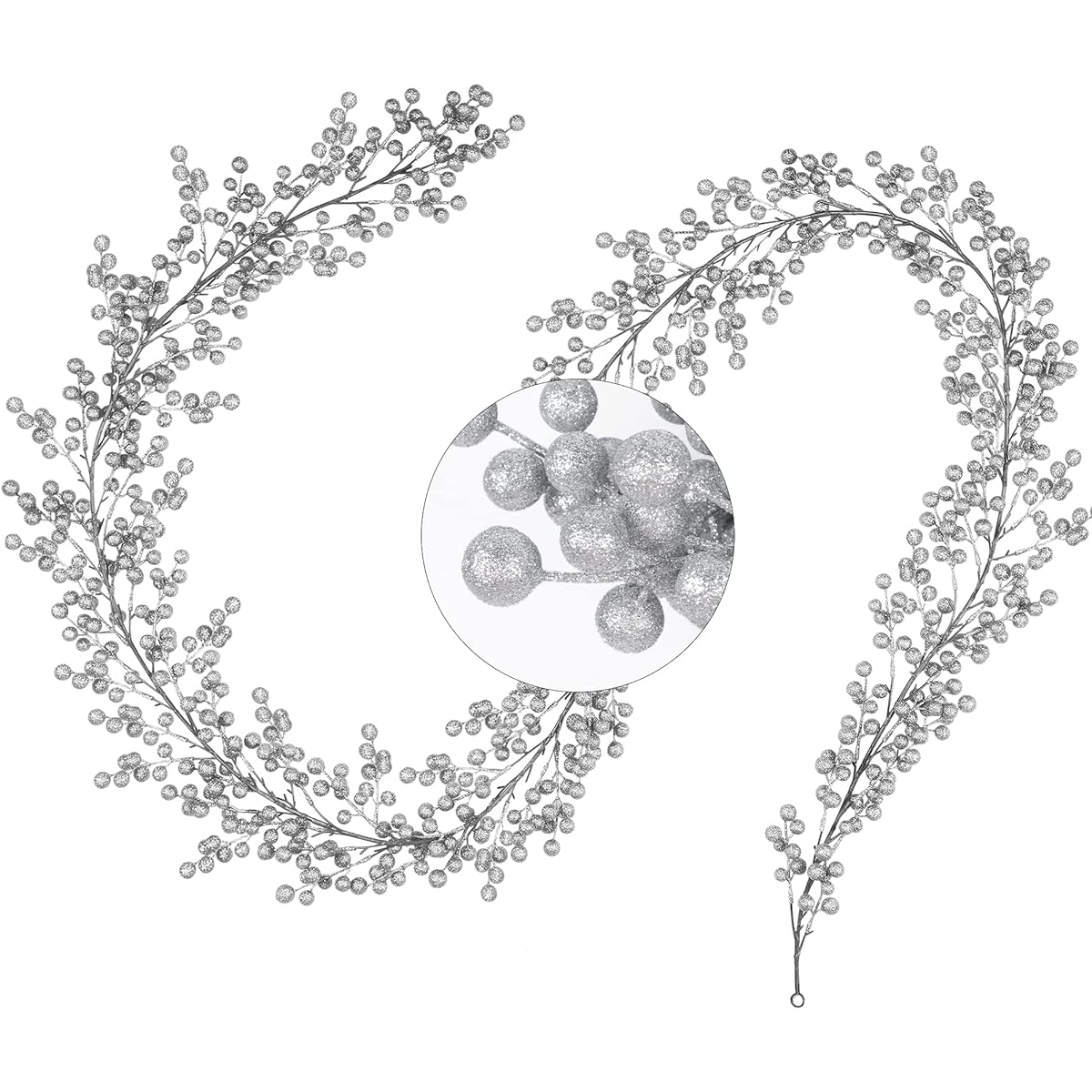 Lulu Home Silver Berry Garland, 9 ft. Sparkly Flexible Artificial Christmas Holly Vines Winter Berry Garland for Mantle, Christmas Tree, Window, Door Hanging, Indoor, Outdoor Holiday Decorations