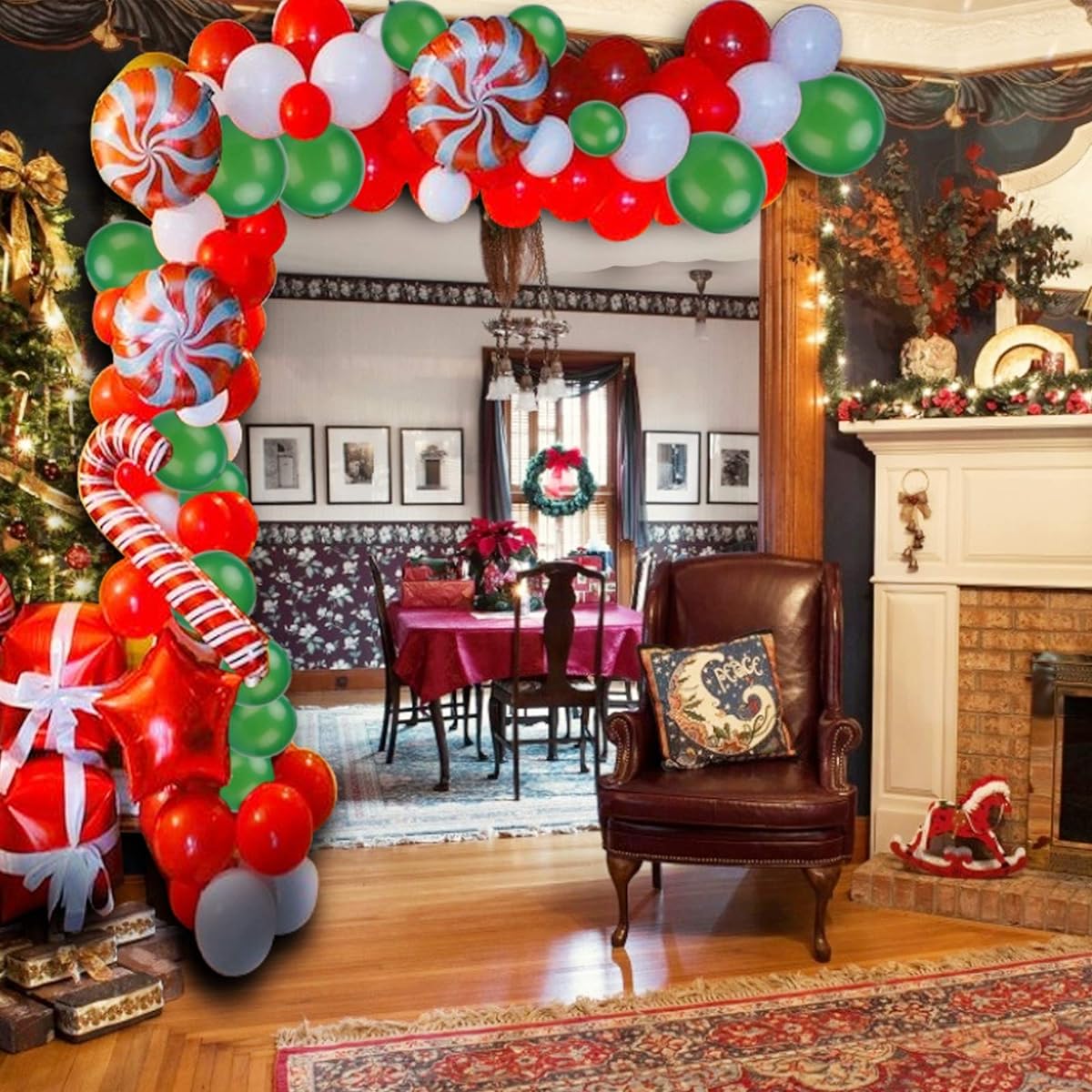 Christmas Balloon Garland Arch Kit - 156 Pieces Christmas Red Green White Candy Balloons Gift Box Balloons Red Star Balloons for Christmas Party Decorations