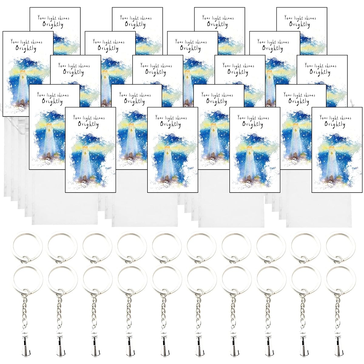 Smiling Wisdom - Lighthouse Bulk 20 Pieces - Staff Employee Inspiration Mini Keepsake Cards - Gratitude Wallet Size Card Drawstring Bag 3D Metal Keepsake Gift Set (60 Pieces) - Silver