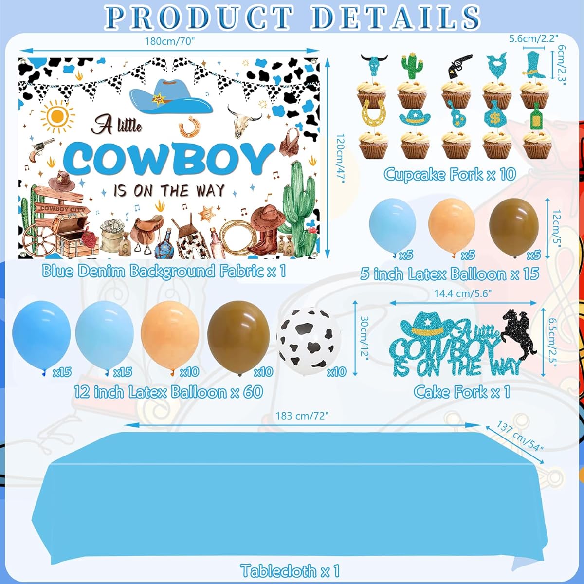 Baby Shower Decorations for Boys - A Little Cowboy is on the Way Backdrop Blue Balloon Garland Arch Kit Cupcake Topper Tablecloth Wild Western Theme Baby Shower Party Supplies