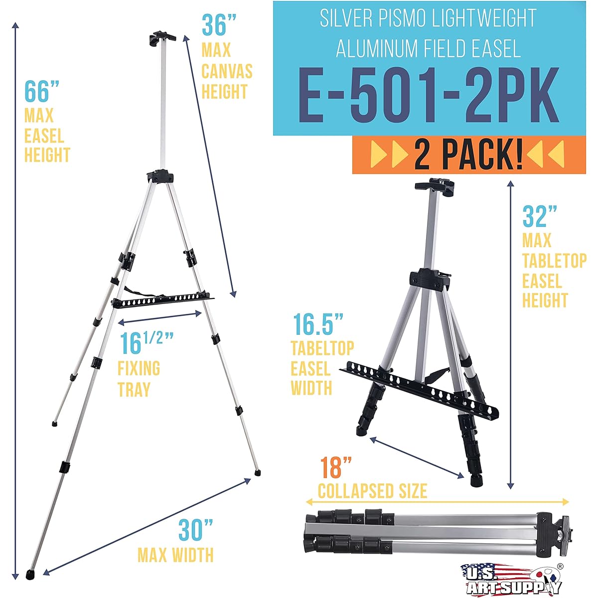 (2) - US Art Supply Silver 170cm Tall Lightweight Aluminium Field Floor Table Easel with Bag (2-Easels)