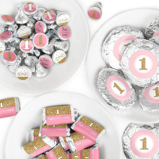 1st Birthday Girl - Fun to be One - Mini Candy Bar Wrappers, Round Candy Stickers, Circle Stickers - First Birthday Party Candy Favors Sticker Kit - 304 Pieces