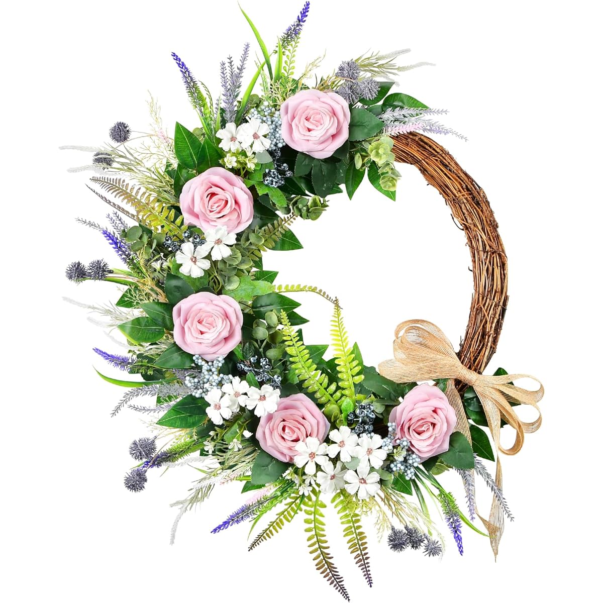 TechKen 24" Spring Artificial Rose Flower Wreath for Front Door, Pink Rose Main Purple Leaf Lavender & Bow Wreath for Mother's Day Wedding Gift, Wreath for Wall Home Decoration