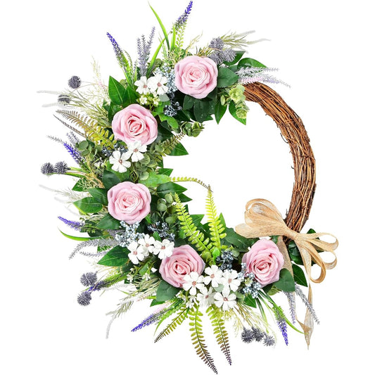 TechKen 24" Spring Artificial Rose Flower Wreath for Front Door, Pink Rose Main Purple Leaf Lavender & Bow Wreath for Mother's Day Wedding Gift, Wreath for Wall Home Decoration