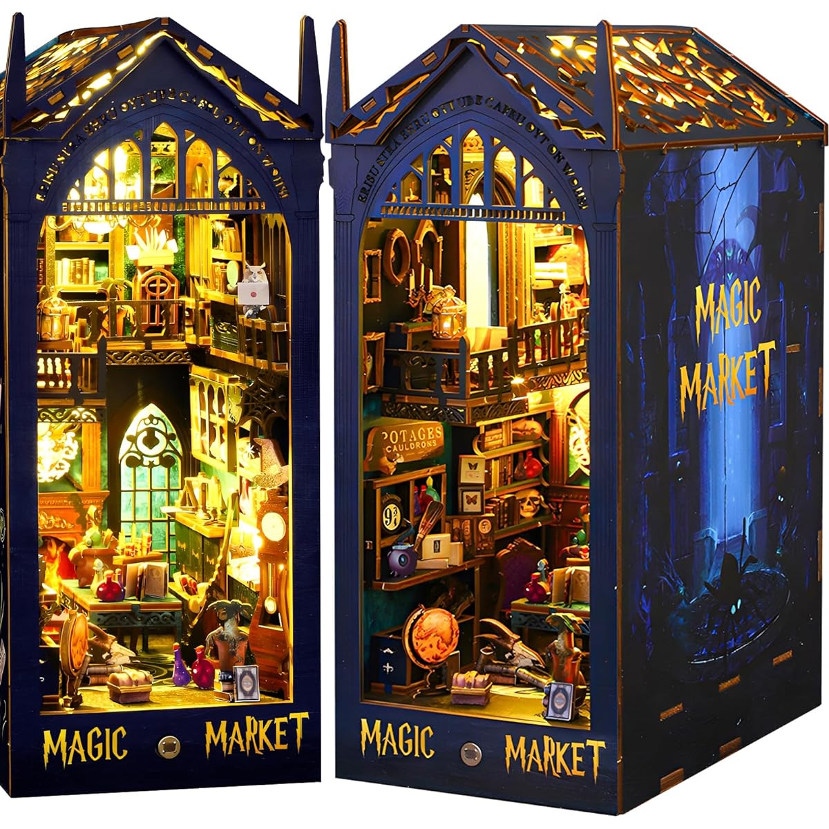 DIY Book Nook Kit Dollhouse Book Nook Bookshelf Insert Decoration Book Nook Miniature Kit with LED Light DIY Wooden Bookend Model Assembly - Creativity Kit for Adult Kids (Pirate)