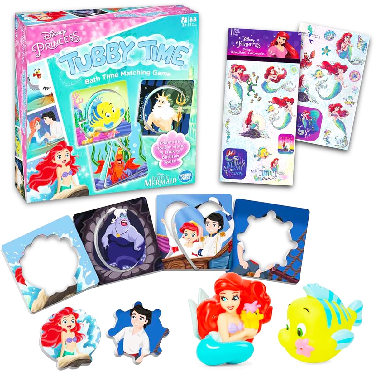 Little Mermaid Bath Toy Set - Disney Princess Matching Game Ariel Water Squealer with Stickers | Little Mermaid Bathtub Toy Ariel Bath Doll