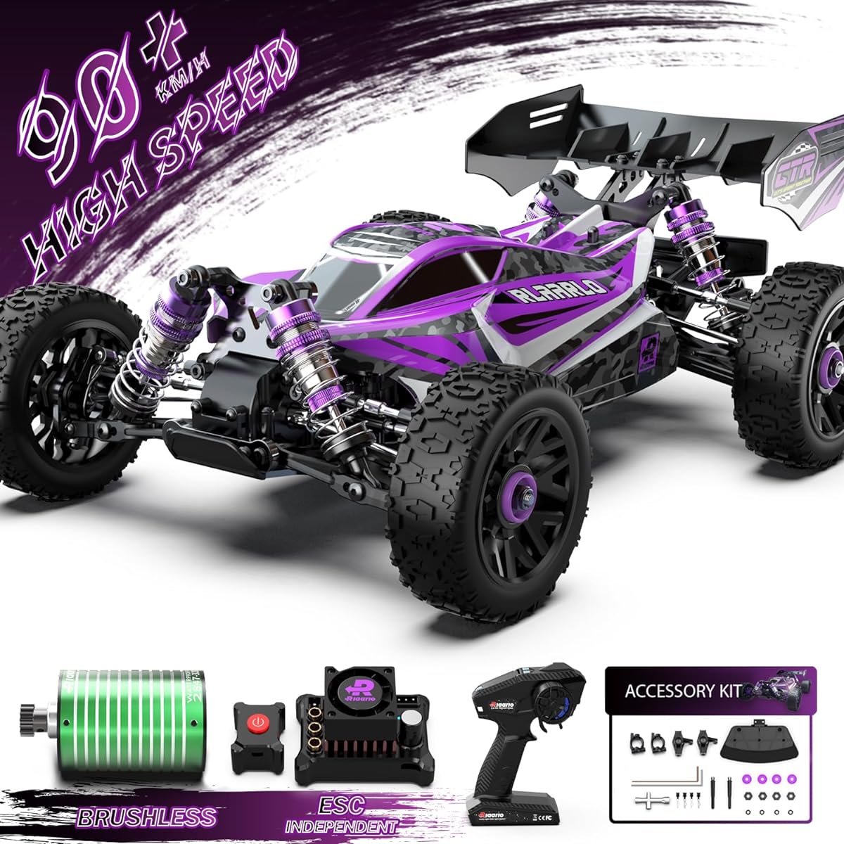 CROBOLL 1:14 Brushless High Speed RC Car for Adults with Independent ESC, Top Speed 90+KPH, 4X4 Hobby Off-Road RC Truck Oil-Filled Shocks Remote Control Monster Truck for Boys (Purple)