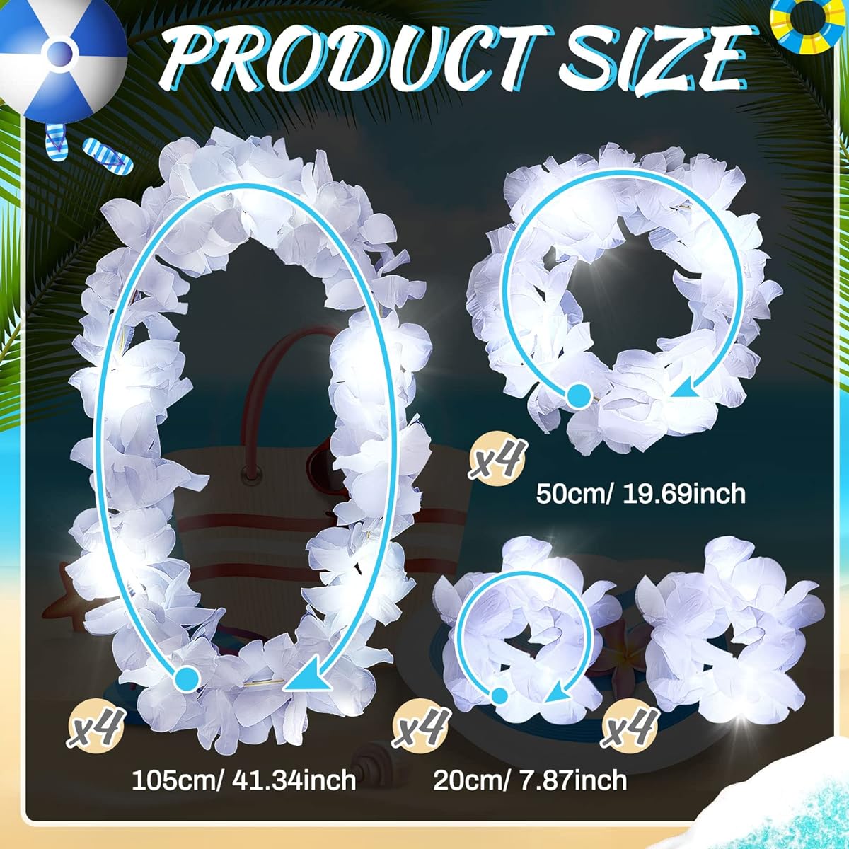 16 Sets White LED Hawaiian Leis Floral Headband Light Up Flower Crown Necklace Bracelet Headband Set White Light Crown Luau Headpiece Hawaiian Flower Necklace for Women Luau Party Wedding Accessories