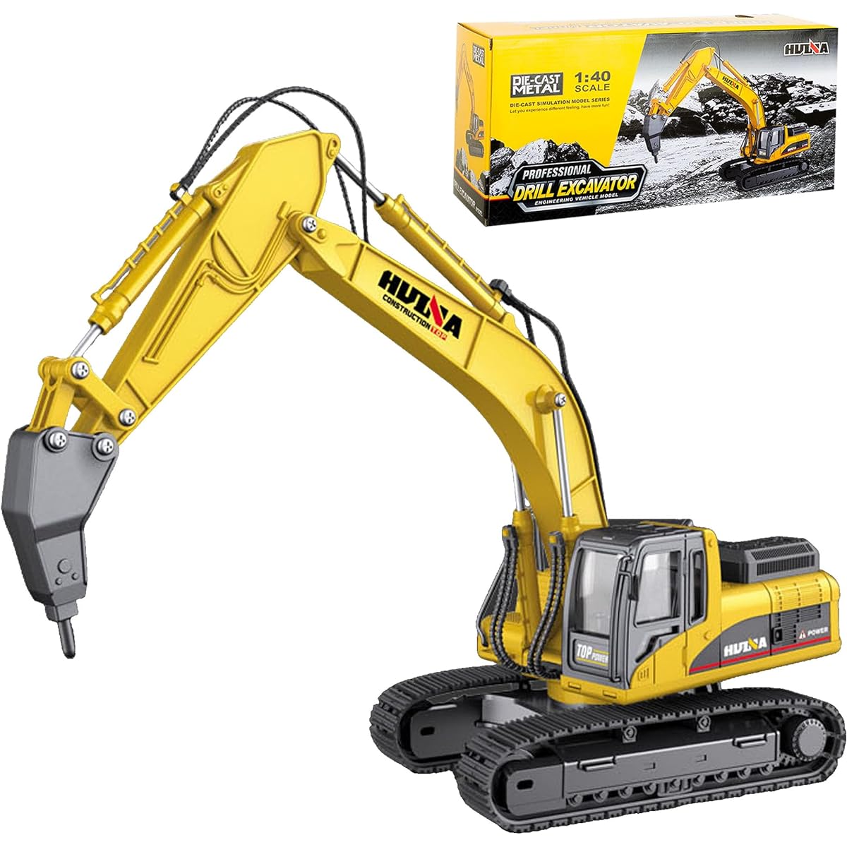 Brachiosaur Heavy Duty Drill Excavator Construction Vehicle Toy Heavy Duty Alloy Hydraulic Hammer Truck 1:40 Scale Diecast Sight Drill Digger Toy Truck for Kids Ages 8 9 10 11 12+