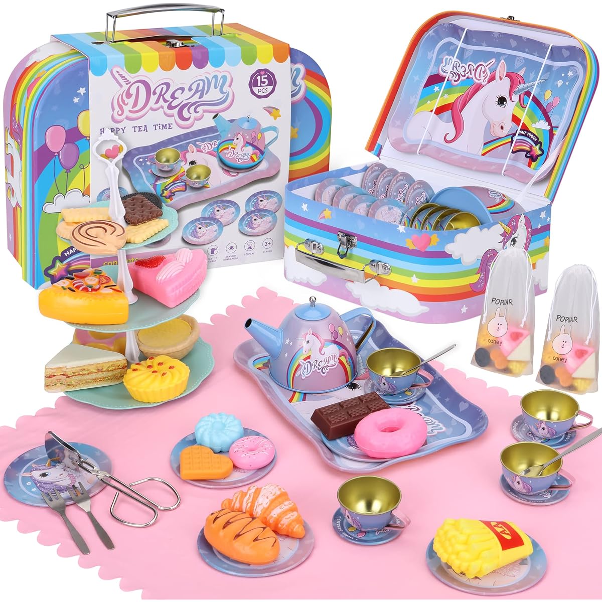 SAITI Unicorn Themed Party Toy Tea Set for Little Girls Princess Tea Party Play Toy Teapot Gift Set for Kids Party Supplies Fun Kitchen Pretend Play Girls Boys 3 4 5 6 7 Years Kids Toy Gift