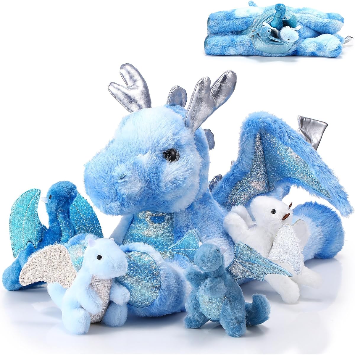 Syhood 18" Dragon Plush Toy with Baby, 1 Big Mama Dragon Plush and 4 Small Dragon Plush, Inner Zippered Belly for Kids Birthday Graduation Gifts, Dragon Themed Party Decorations (Blue)