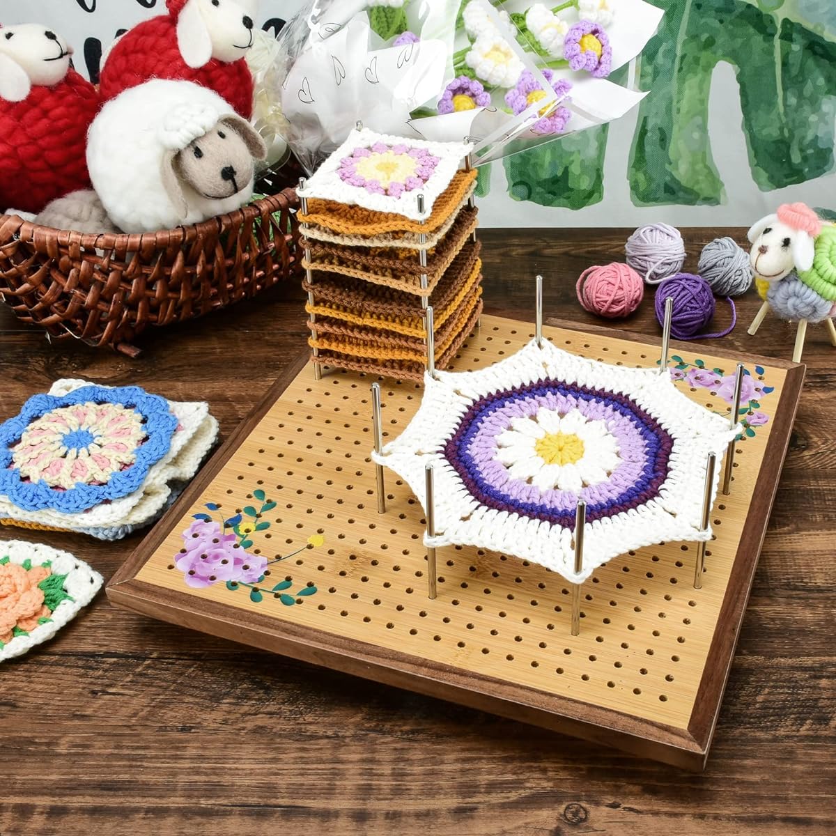 Crochet Block Board - Crochet Gift for Grandma's Square Lover - Bamboo Block Board for Knitting Crochet Full Kit with 24 Stainless Steel Rod Pins (13 Inch Minimalist Pattern)