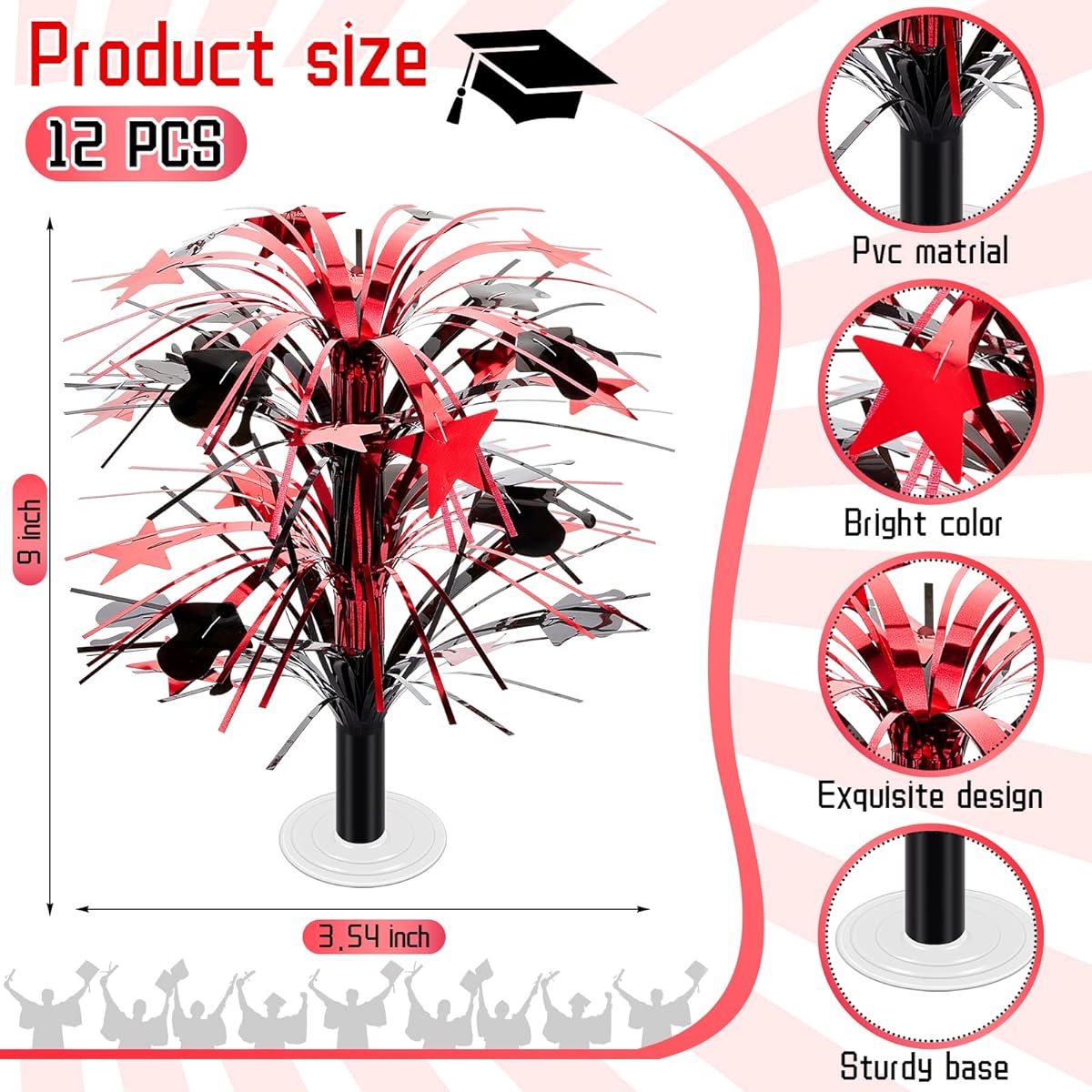 Graduation Cascading Centerpieces, 12pcs 9" Graduation Party Centerpieces for Table, 2023 Graduation Table Decorations for School/College Party Supplies (Black Red, Graduation)