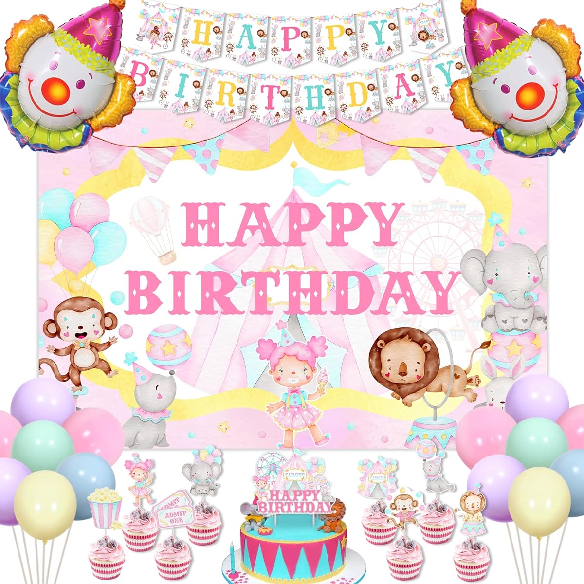 Circus Birthday Party Decorations in Pink - Pastel Circus Happy Birthday Backdrop Banner Cake Decorations Balloons Carnival Circus Birthday Party Decorations for 1st 2nd 3rd 4th 5th Year Old Girls