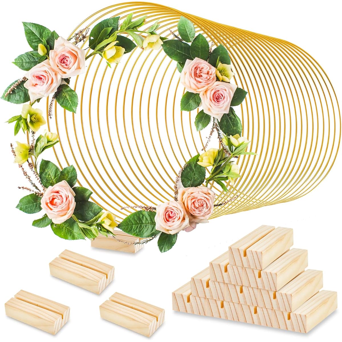 Set of 30 Floral Hoop Centerpieces Table Metal Hoop Centerpieces Standing Arch Round Centerpieces Table Decorations Flower Wreath Metal Rings Crafts DIY Wedding Event Party Decoration 10" (Gold)
