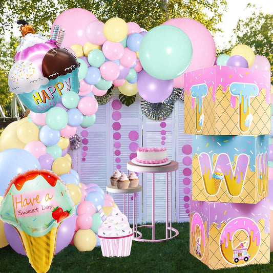 115 Pieces Birthday Ice Cream Party Supplies Ice Cream Foil Balloons Party Pastel Balloons Donut Party Bags Macaron Latex Balloons Sweet Party Favor Box for Birthday/Wedding/Engagement/Anniversary