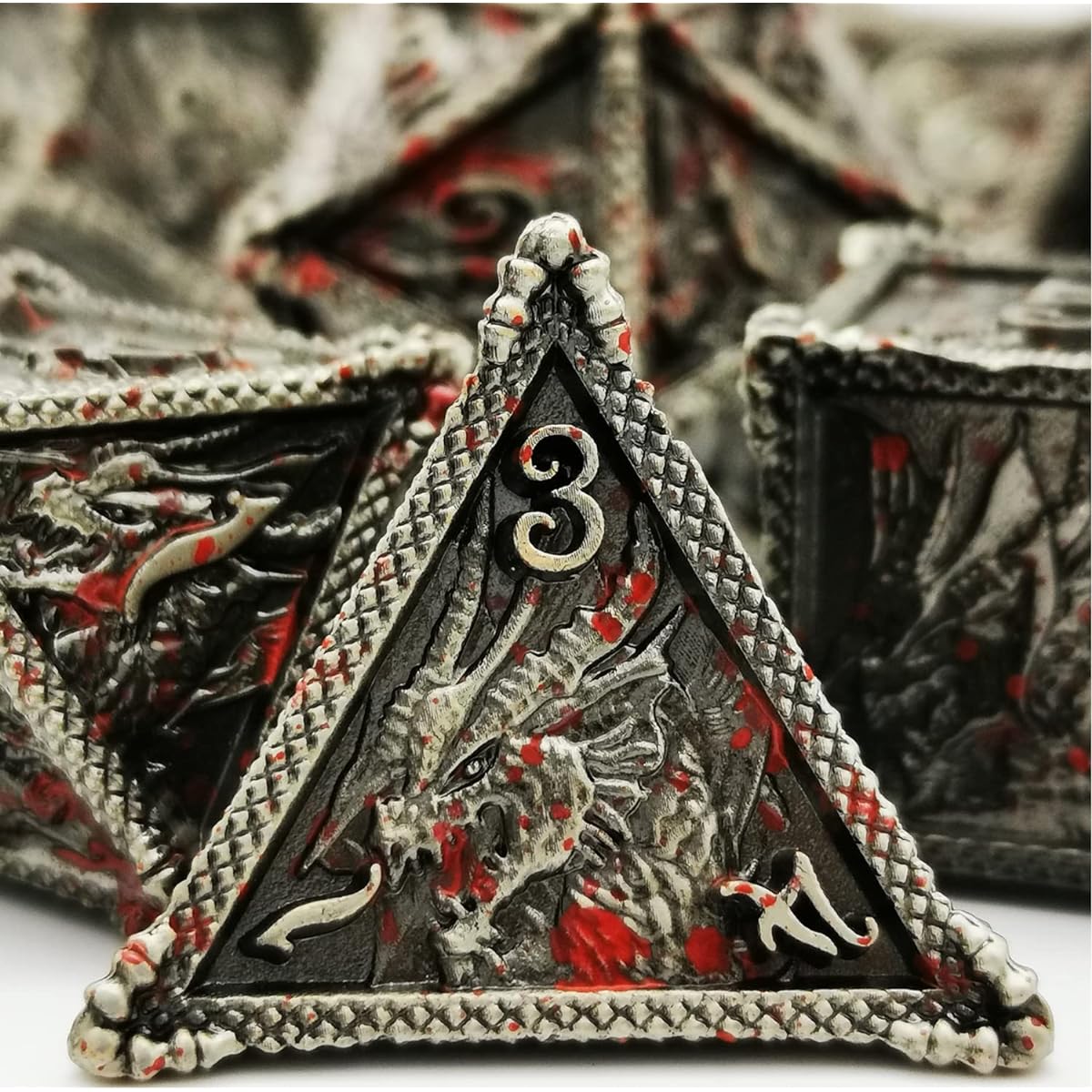 HAOMEJA Metal Dragon Dice Set DND 7 Piece Role Playing Dice D&D Dungeons & Dragons (Blood Silver)