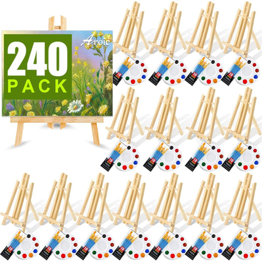 240 Piece Professional Paint Set with 20 Wooden Easels, 200 Brushes with Nylon Brush Heads and 20 Palettes, Art Supplies Kit for Kids & Adults, Great for Paint Parties