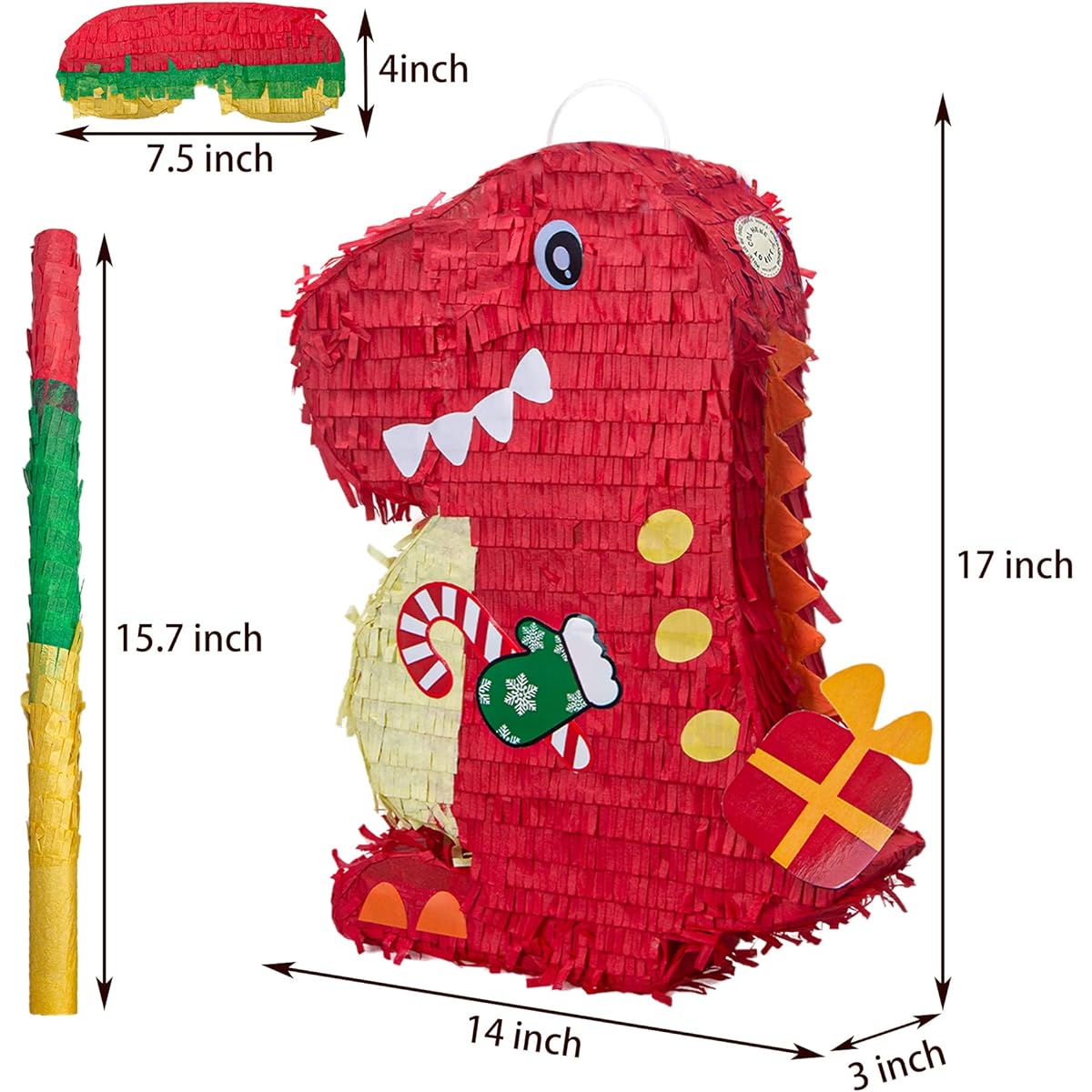 Christmas Red Dinosaur Pinata Bundle Blindfold & Bat Dinosaur Theme Birthday Party Supplies/Kids Carnival Decorations/Christmas Gift (16.5 x 13.5 x 3 inches)