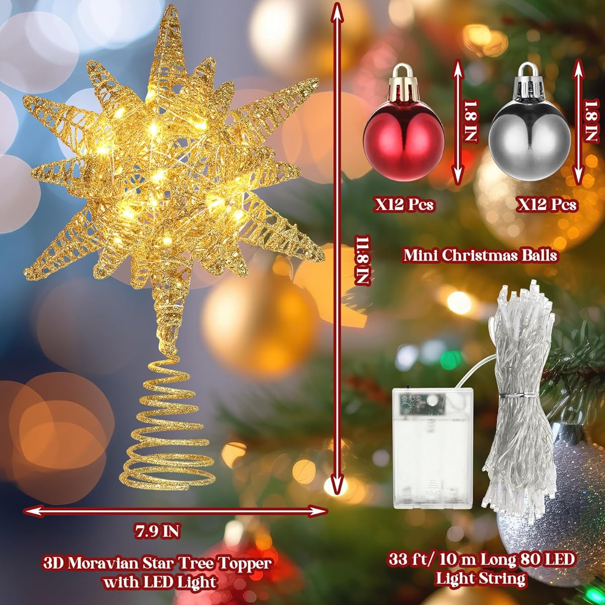 Poen 4Pcs 3D Christmas Tree Topper with LED Lights and Mini Christmas Hanging Ball Ornaments Gold Hollow Out Twinkling Christmas Star Battery Operated Tree Topper Tree Top Decoration Red Silver