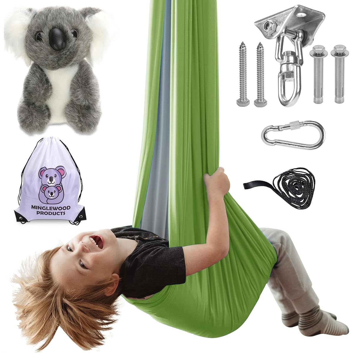 Sensory Swing + 360° Rotating Hanger, Double Layer Indoor + Outdoor Swing, Hanging Pod Chair for Kids, Sensory Disabilities, Autism, ADHD, Anxiety, Therapy Swing, Pod Swing Chair (Green/Gray)