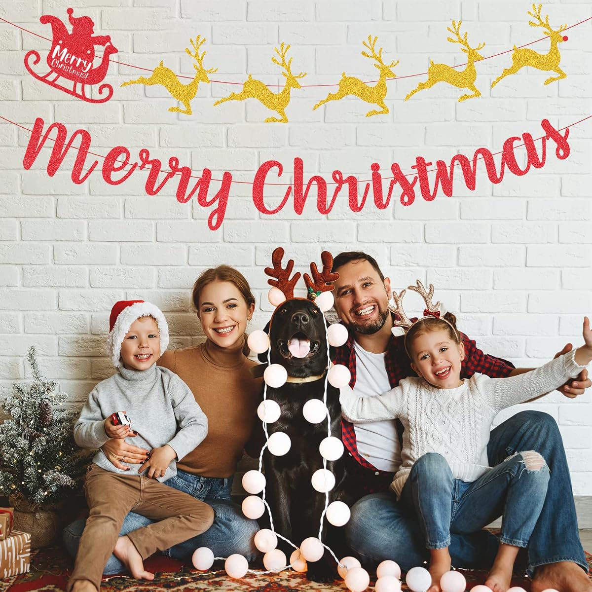 Merry Christmas Banner Glitter Christmas Banner Christmas Deer Banner Holiday Christmas Party Decoration Fireplace Home Decoration (Christmas)