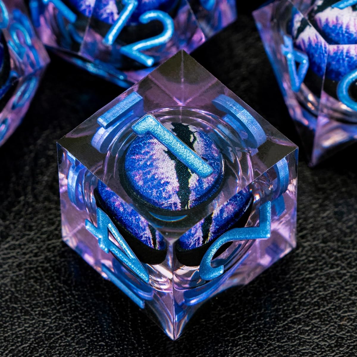 ORIFANTOU DND Dice Set Purple Blue Dragon Eye Dice with Box 7pcs Liquid Core Sharp Edge Dice Dungeons and Dragon Polyhedral Dice Set Resin D&D Dice RPG Role Playing Game Handmade D&D Dice