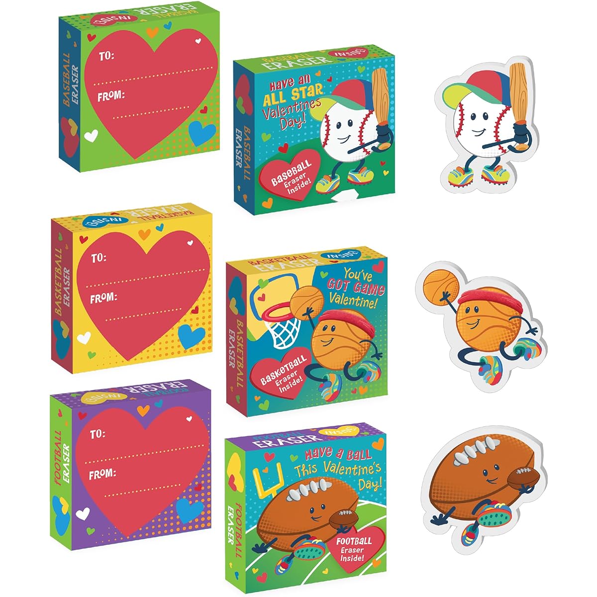 Peaceable Kingdom Valentine Cards for Children's Classroom Set of 28 Valentine's Day Gifts Sports Eraser Valentine