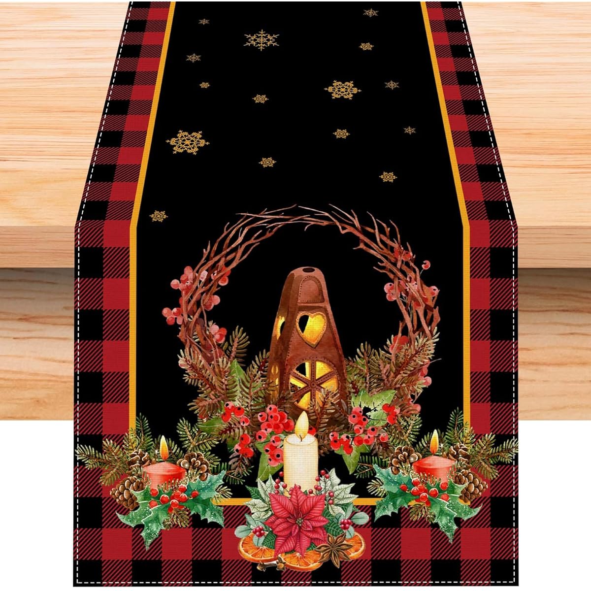 Linen Red and Black Buffalo Check Check Pagan Christmas Table Runner 72" Long Farmhouse Winter Holiday Xmas Yule Home Kitchen Dining Room Table Decorations