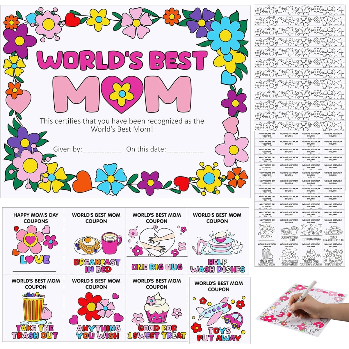 Dunzoom 24 Sets Color Your Own World's Best Mom Certificate Award and Mother's Day Coupon Cards Kids DIY Craft Kit Gifts Anniversary Cards Mother's Day Birthday Gifts Home Activities