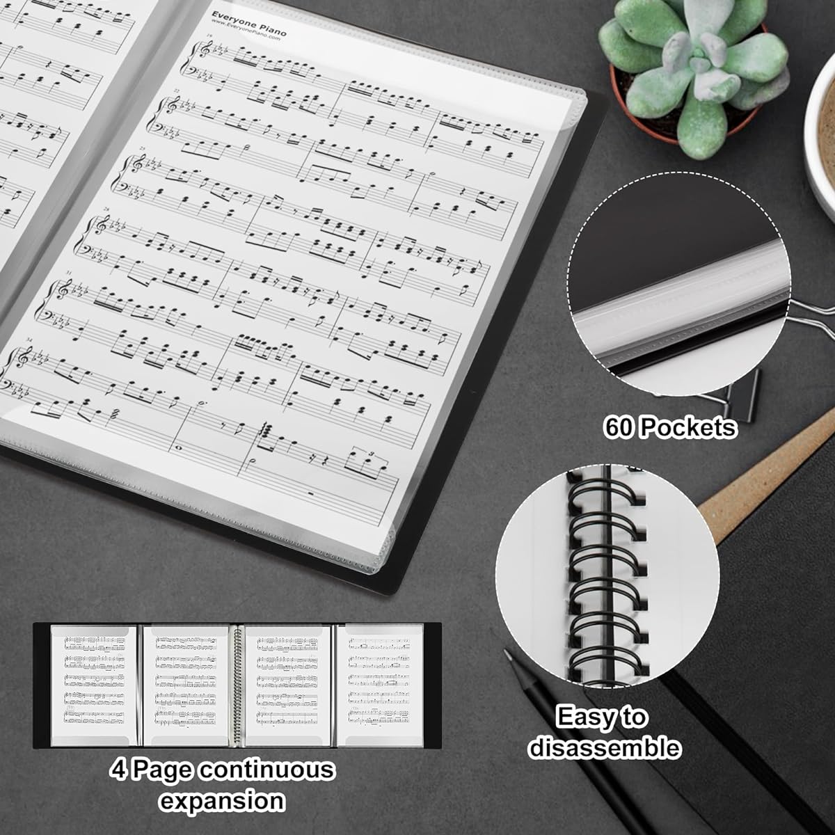 CYEAH Sheet Music Folders 2 Pack 8.5x11 Music Binder with 4 Page Expansion 60 Pockets Black Music Folder Organizer Writeable Folder for Holding Sheet Music and Storing Files