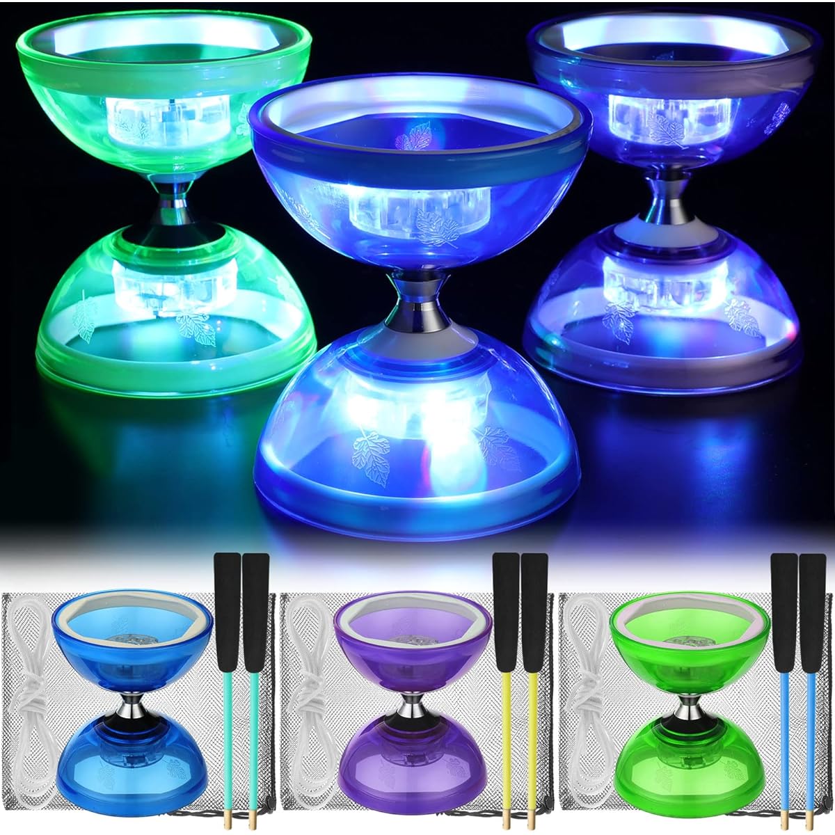 Jerify Diabolo Chinese Yoyo Toy Set, 3 Light Up Diabolo Yoyos, 6 Diabolo Sticks, 3 Diabolo Strings and 3 Net Bags for Kids Adults Beginners (Blue, Green, Purple)