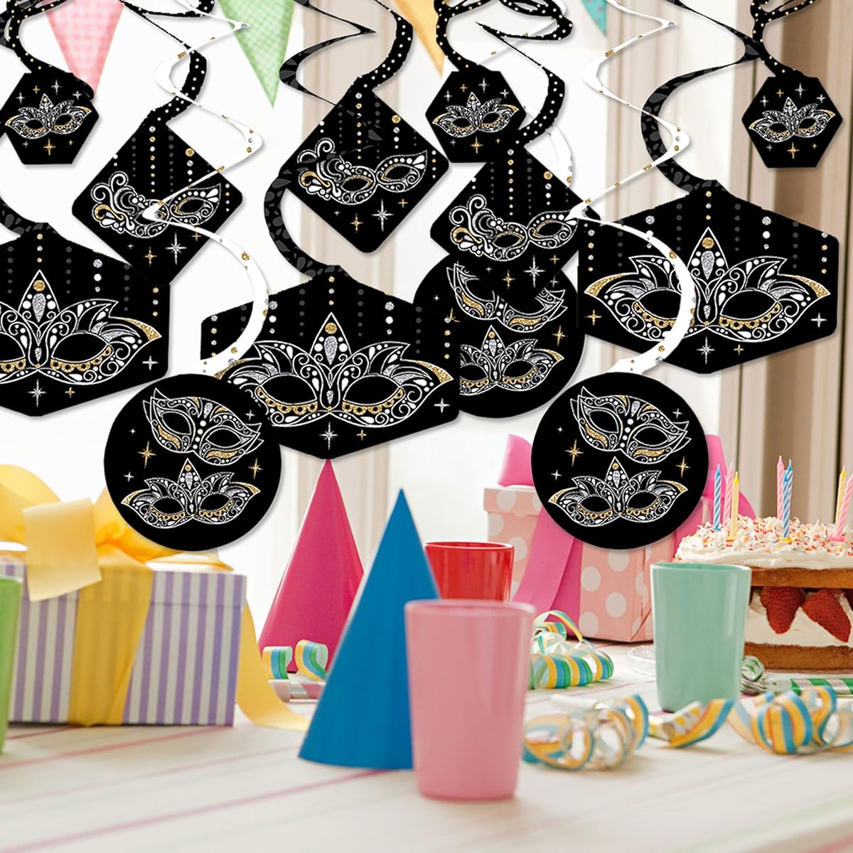 Big Polka Dot Masquerade of Happiness - Venetian Mask Party Hanging Decorations - Party Decorations Swirls - Set of 40