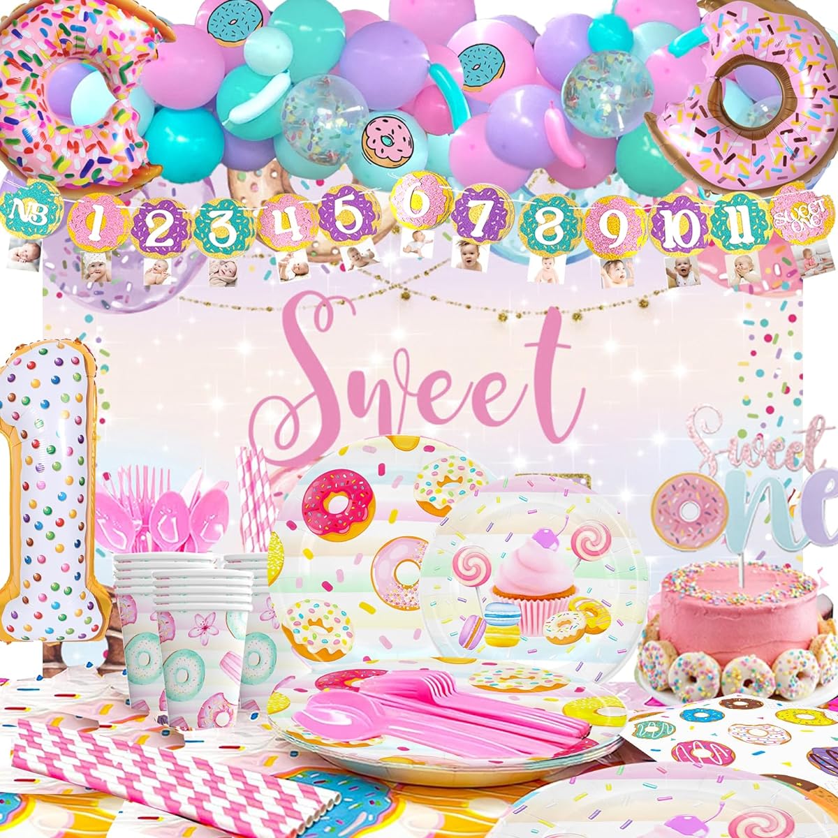 Hombae 195 Pieces Sweet One Birthday Party Decorations Girls' First Party Supplies Background Balloon Garland Monthly Photo Banner Table Cloth Cake Topper Plate Napkin Cup Straw Knife Spoon Fork