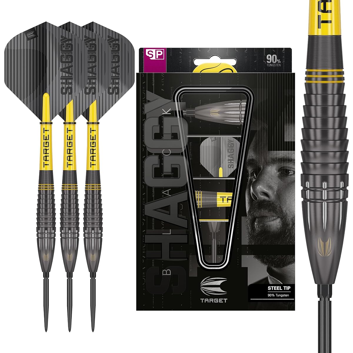 Target Darts Scott Williams Black 90% Tungsten Steel Tip Dart Set - Steel Tip Dart Set, Swiss Point Darts, SP Tool Included, Player Edition Shaggy Dart Set