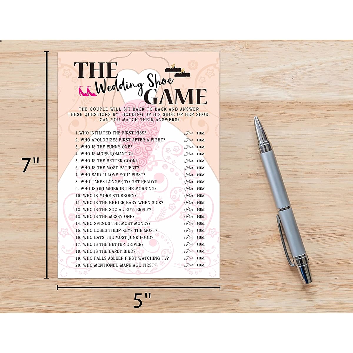 Bridal Shower Game Cards Wedding Shoes Game Bride with Flowers Pink Engagement Party Cards for Weddings Set of 30 (Dress004)