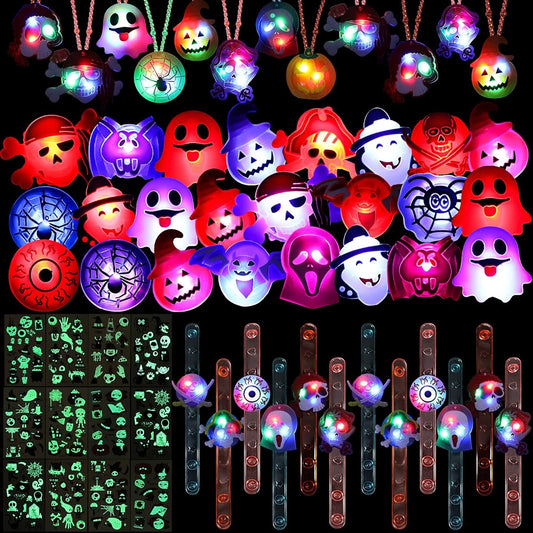 86 Pieces Halloween Light Up LED Necklaces Wristbands Slap Bracelets LED Flashing Rings Luminous Temporary Tattoos Glow in the Dark Party Supplies Halloween Treats Candy Bag Stuffers