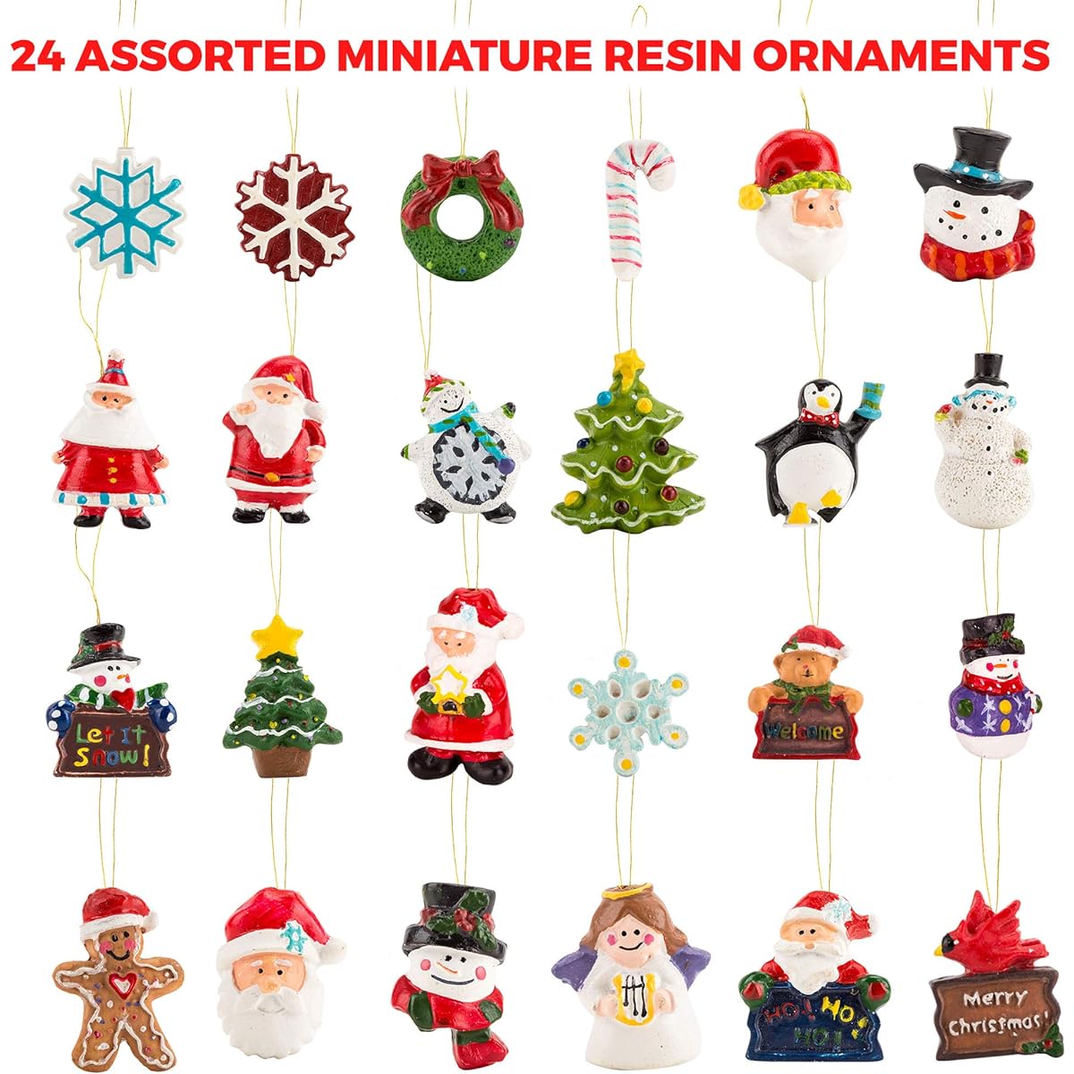 Set of 24 Mini Resin Christmas Ornaments, Rustic Christmas Decorations, Small Miniature Christmas Tree Ornaments, Santa Snowman, Gingerbread Angel, Tiny Christmas Tree Decorations with Gift Box